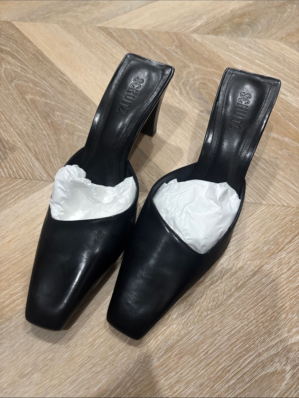 SCHUTZ Black Leather Square-Toe Heeled Mules